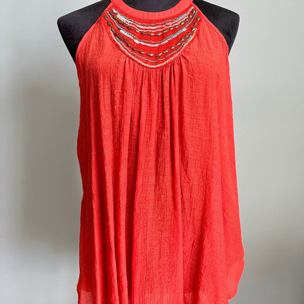 NWOT IZ Byer Orange Sleeveless Gauzy Top with Embellisments L